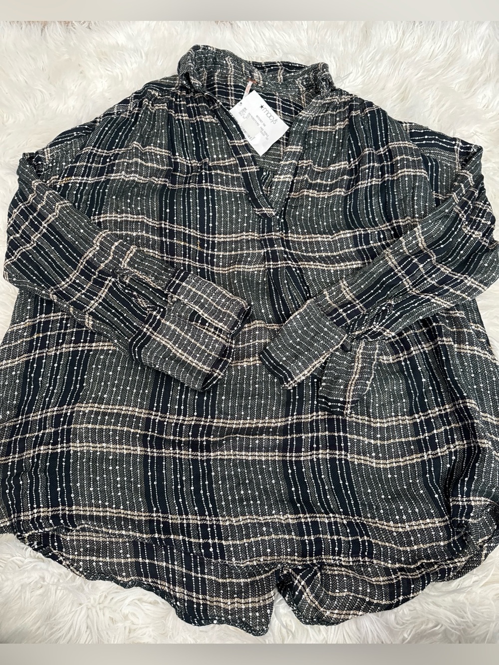 Free People Black and Cream Plaid Button-Down Shirt